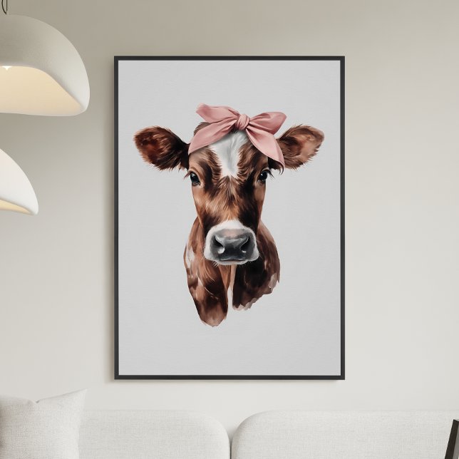 Poster Portrait de vache marron et blanc avec un nœud ros (Cute Girly Pink Bow Brown and White Cow Portrait Poster)