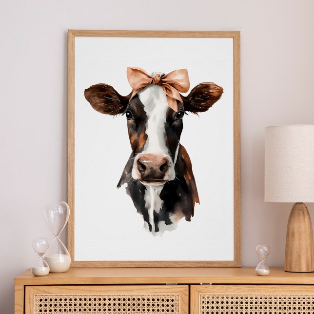 Poster Portrait de vache mignonne marron et blanc avec nœ (Girly Bow Brown and White Cute Cow Portrait Poster)