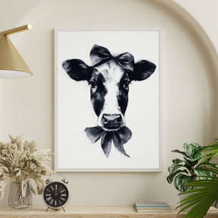 Poster Portrait de vache noir et blanc mignon avec noeud