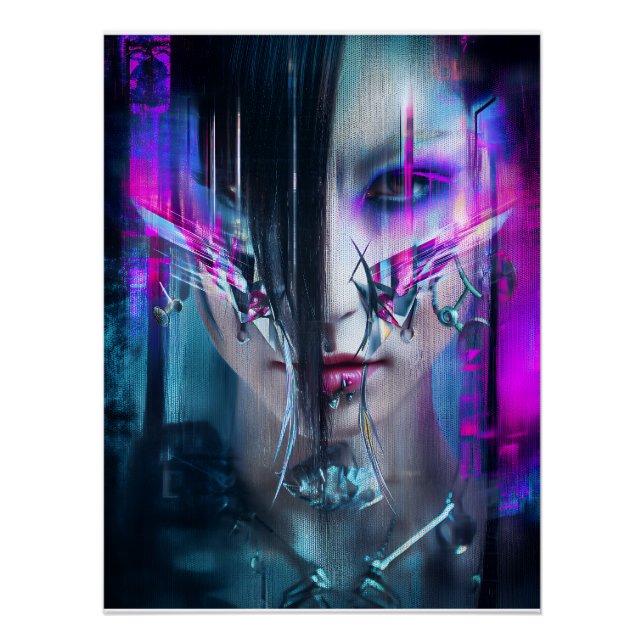 Poster Portrait de visage néon distordu cyberpunk Glitch (Devant)
