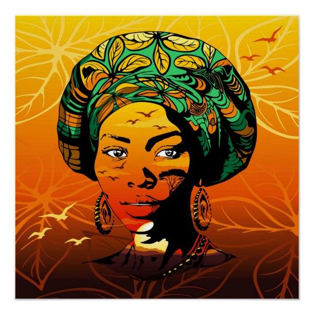 Poster Portrait féminin africain avec coucher de soleil (Devant)