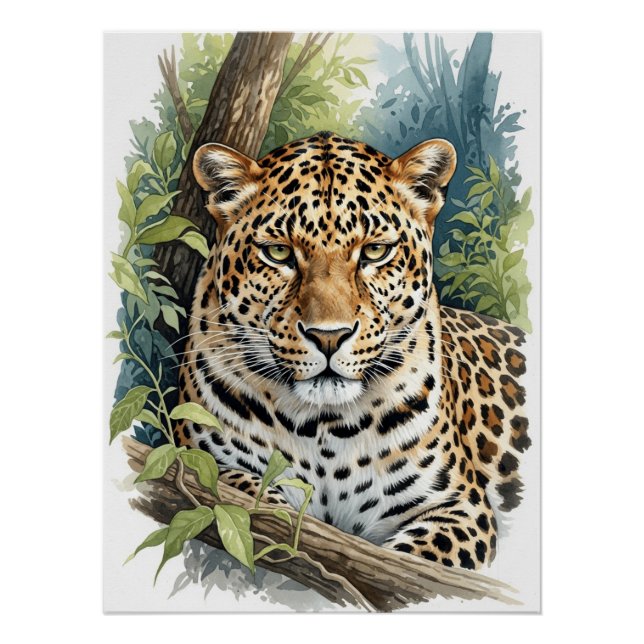 Poster Portrait majestueux de léopard à l'aquarelle (Devant)