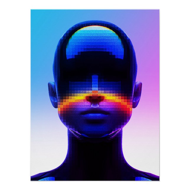 Poster Portrait Pixel Art Futuriste – Abstrait Numérique (Devant)