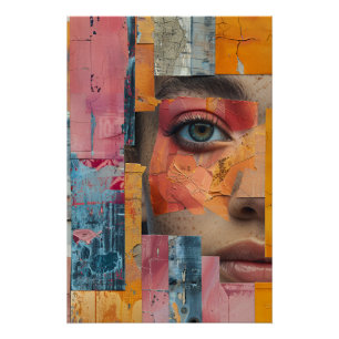Poster Portrait vibrant collage au visage peint fissuré