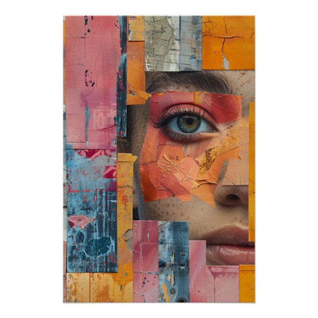 Poster Portrait vibrant collage au visage peint fissuré (Devant)
