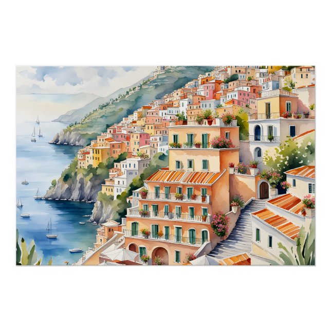 Poster Positano : Le charme de l'aquarelle sur la côte am (Devant)