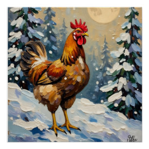 Poster Poulet Vintage dans un Paysage de Noël enneigé