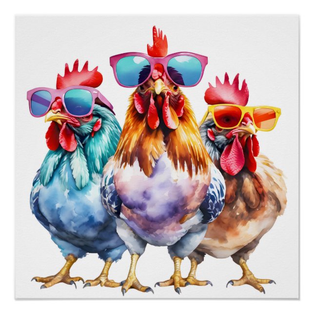 Poster Poulets d'aquarelle portant de grosses lunettes de (Devant)