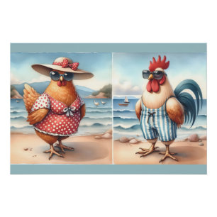 Poster Poulets en maillots de bain au bord de la mer