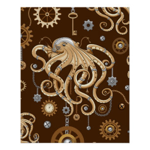 Poster Poulpe Steampunk Rétro Fantastique Mécanique