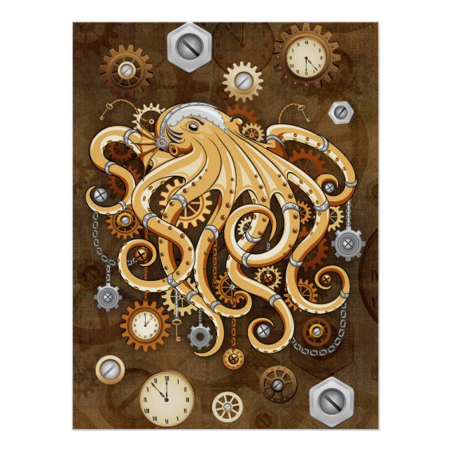 Poster Poulpe Steampunk Rétro Fantastique Mécanique (Devant)