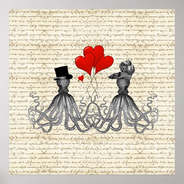 Poster poulpe vintage et coeurs (Devant)