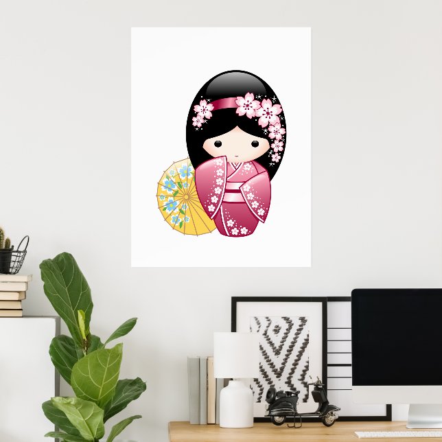 Poster Poupée Kokeshi Printemps - Cute Japonaise Geisha G (Bureau à domicile)