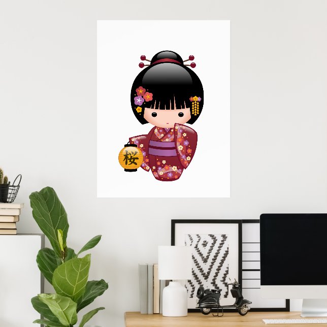 Poster Poupée Kokeshi Sakura - Fille Geisha sur Pêche (Bureau à domicile)
