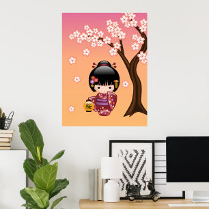 Poster Poupée Kokeshi Sakura - Fille Geisha sur Pêche