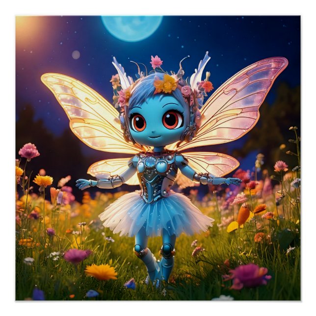 Poster Poupée robot danseuse de ballet dans les fleurs sa (Devant)