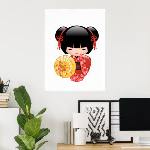 Poster Poupée Rouge Sakura Kokeshi - Japonaise Geisha Gir