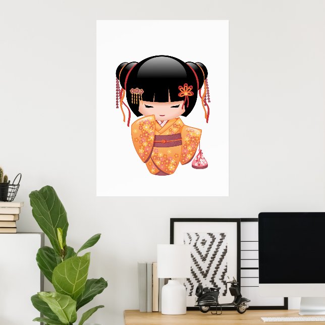 Poster Poupée Ume Kokeshi - Japonaise Pêche Geisha Girl (Bureau à domicile)