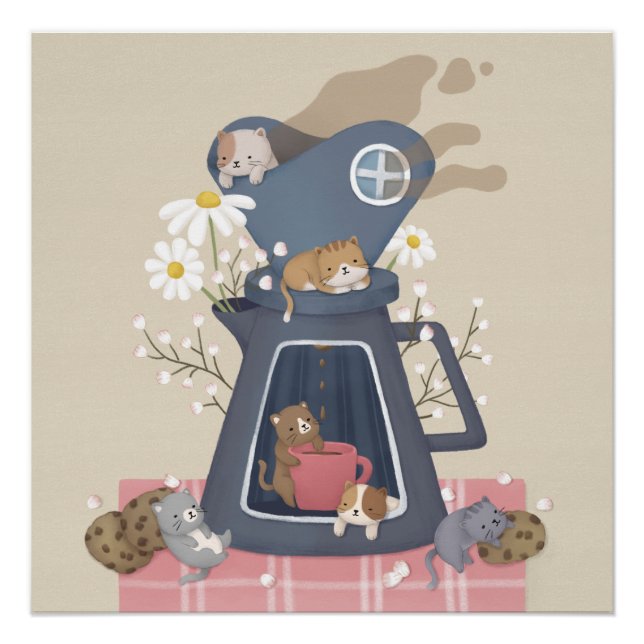 Poster Poussière à café et chatons (Devant)