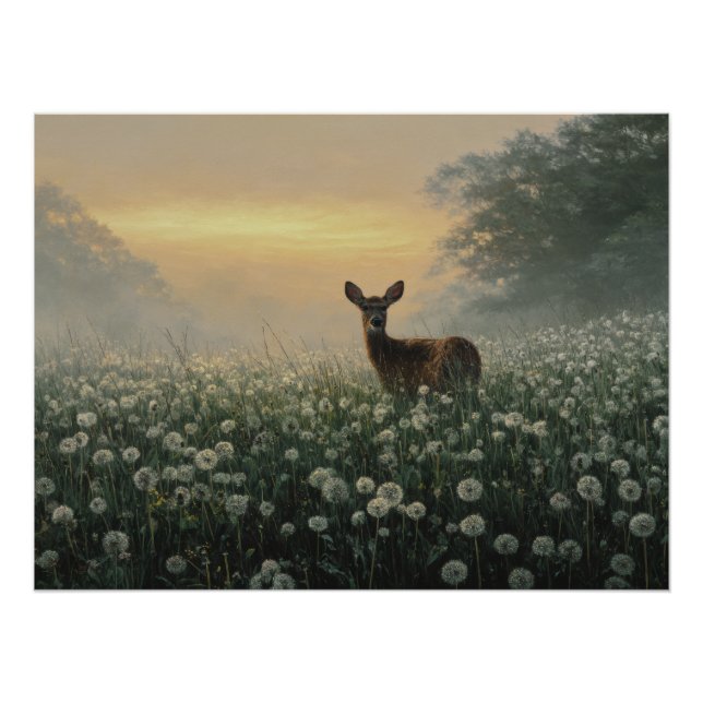 Poster Prairie de cerfs au matin brumeux (Devant)