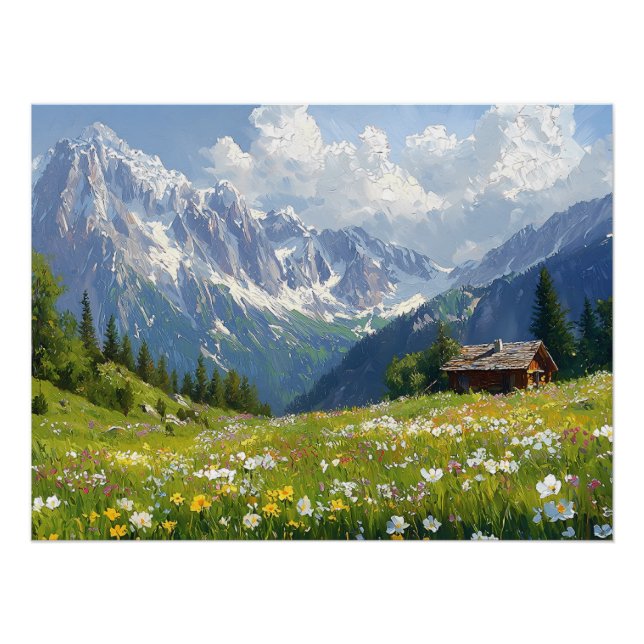 Poster Pré alpin avec Fleurs et Petit Cottage (Devant)