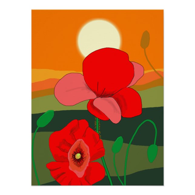 Poster Pré de coquelicot à l'affiche du coucher du soleil (Devant)