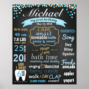 Poster Premier 1er anniversaire Chalkboard signe confetti