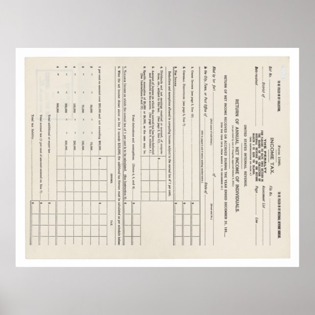 Poster Premier formulaire d'impôt américain sur le revenu (Devant)
