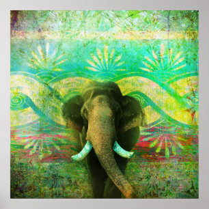 Poster Pretty Bohemian Elephant Turquoise Tribal Pattern