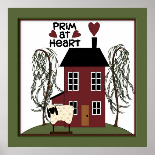 Poster Primitif au Heart Country Sheep & House Decor