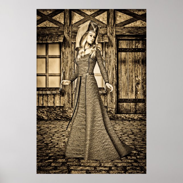 Poster Princesse Médiévale Sépia Art Renaissance (Devant)