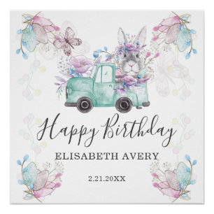 Poster Printemps Pâques Joyeux Anniversaire Camion Bunny