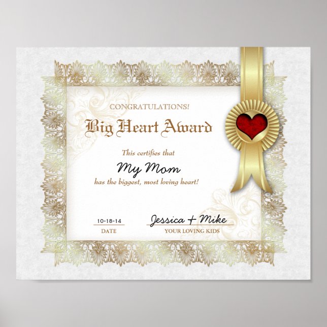 Poster Prix Hero Heart Love Certificat Meilleure maman (Devant)