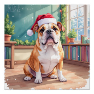 Poster Professeur Bouledogue Anglais Chapeau de Père Noël