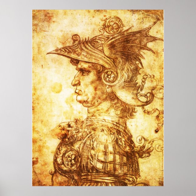 Poster PROFIL DE GUERRIER EN CASQUE DE DRAGON Dessin Sépi (Devant)