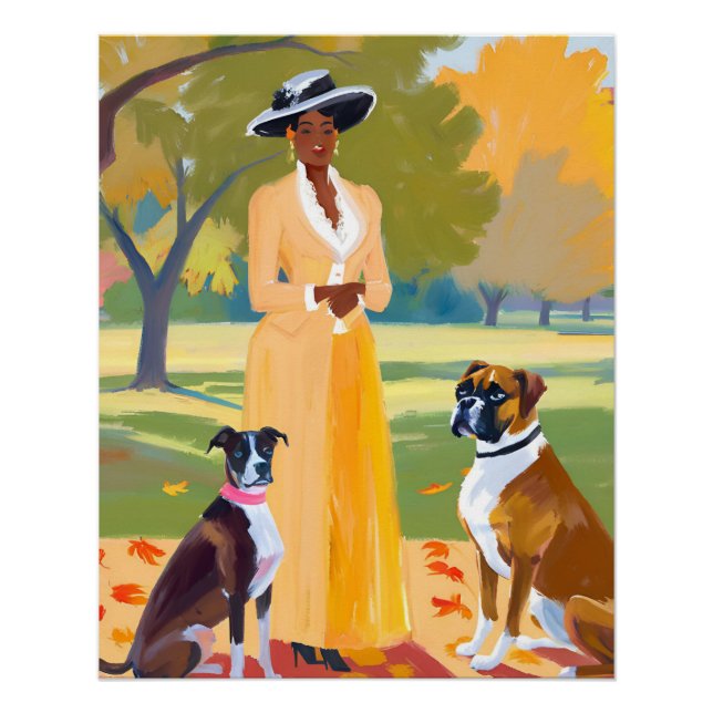 Poster Promenade d'automne : Une femme afro avec un chien (Devant)