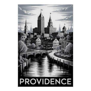 Poster Providence Rhode Island Gravure sur bois Noir et B