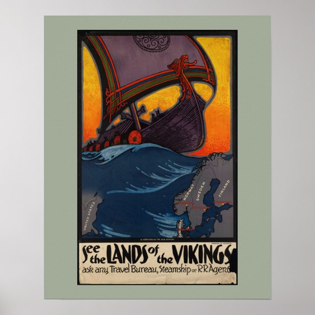 Poster Publicité Vintage voyage scandinave avec Viking Sh (Devant)