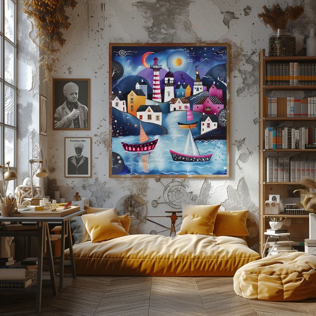 Poster Pueblo Costero Nocturno: Paisaje Folk y Naive. (Créateur téléchargé)