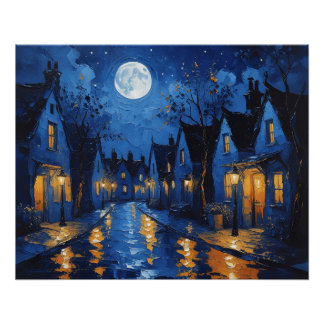 Poster Pueblo de noche con luces