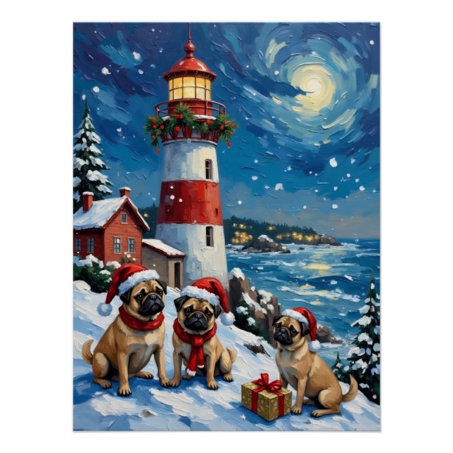 Poster Pug Christmas Lighthouse Holiday (Devant)