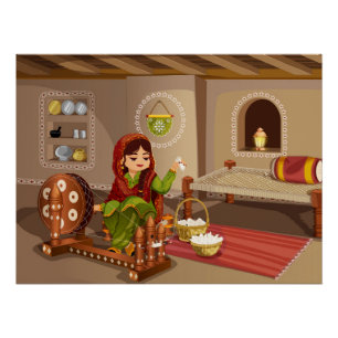 Poster Punjabi Femme Spinnig Charkha - Mode de vie rural