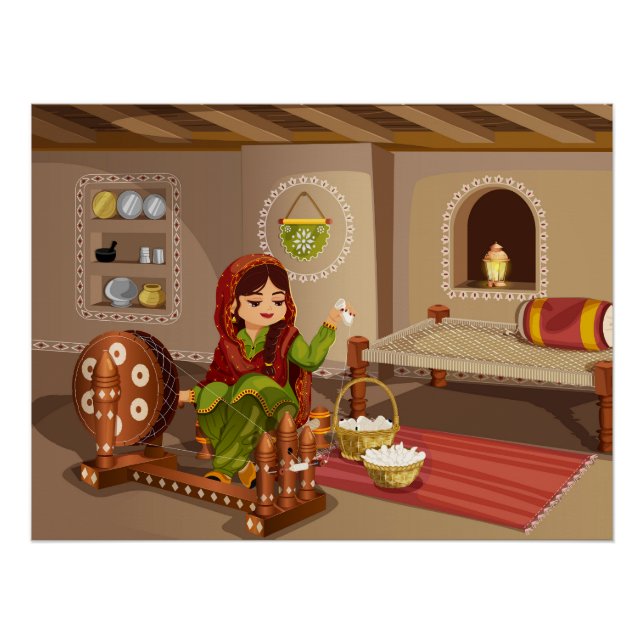Poster Punjabi Femme Spinnig Charkha - Mode de vie rural (Devant)