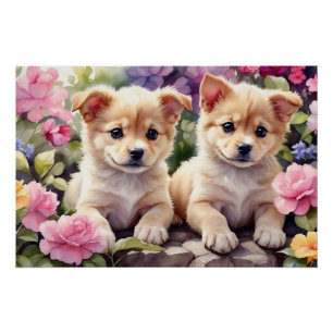 Poster Puppies cuter dans l'aquarelle du jardin fleuri