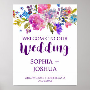 Poster Purple and Pink Watercolor Flowers Wedding Welcome