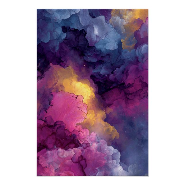 Poster Purple Magenta Gold Alcohol Ink Nebula Flow (Devant)