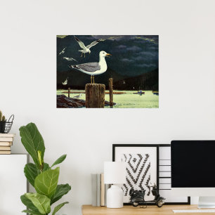 Poster Quai Perché de Mouette vintage, Oiseaux marins Ani