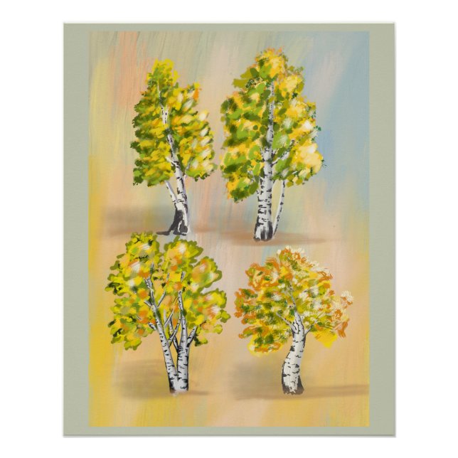 Poster Quatre bouleaux en couleurs, botanique. (Devant)