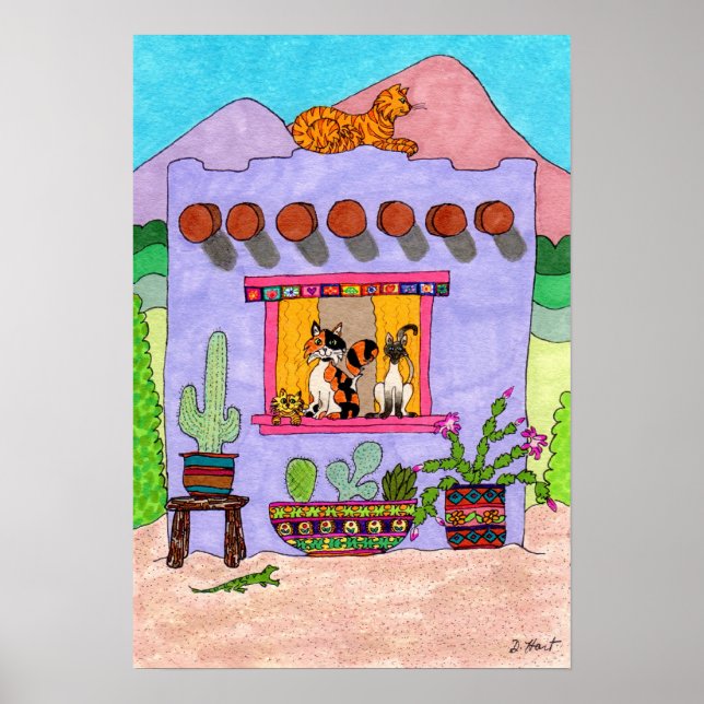 Poster Quatre chats dans une maison violette Adobe House (Devant)