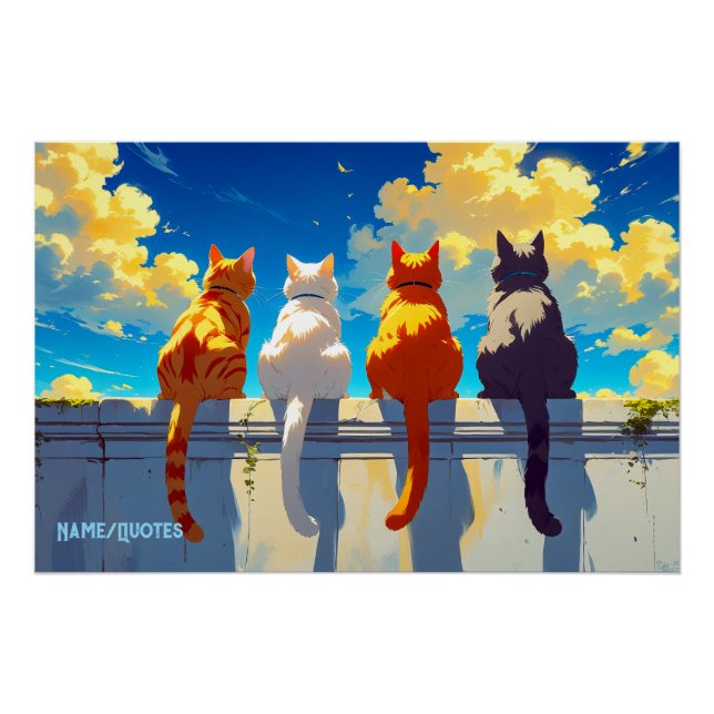 Poster Quatre chats regardant le coucher du soleil (Devant)